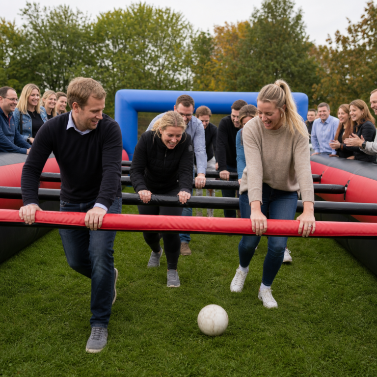 Corporate team members playing human table football and moving side to side together during World Cup Fever