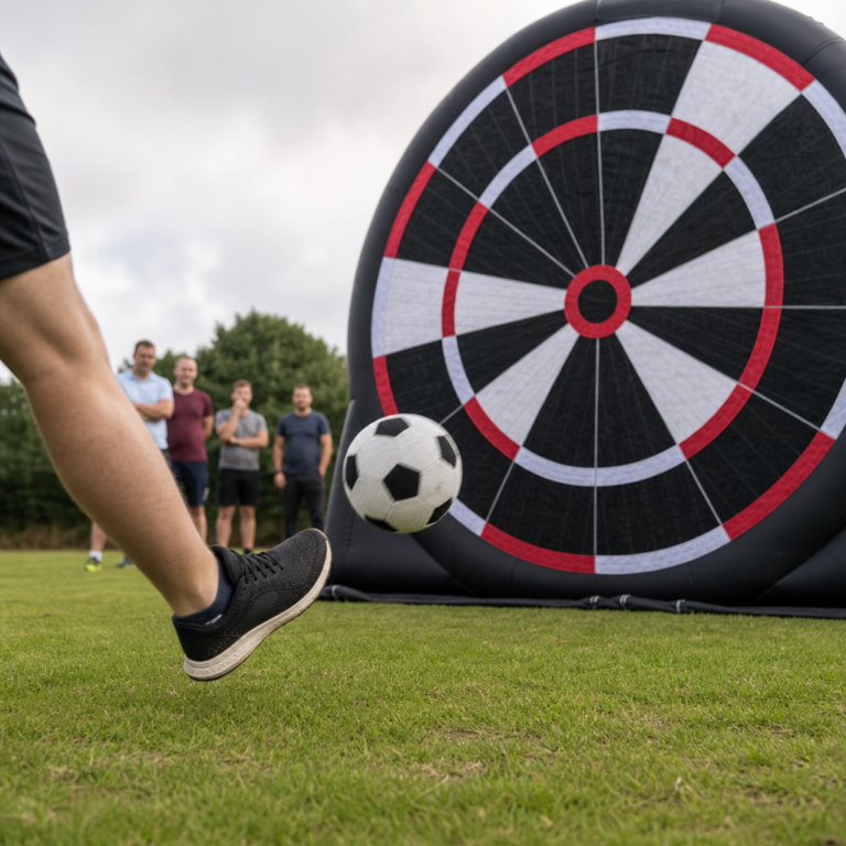 Close-up of a velcro football being kicked at an inflatable football darts board during the event