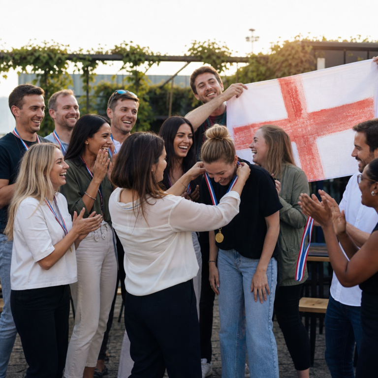 Team celebrating and receiving medals at the end of the World Cup Fever corporate event
