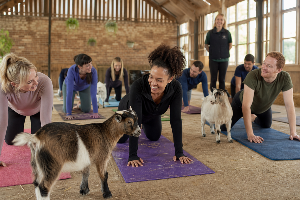 Corporate team taking part in a calm goat yoga session with goats moving freely around the mats