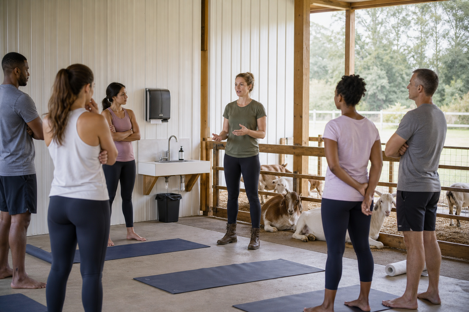 Animal handler briefing a corporate group before a goat yoga session